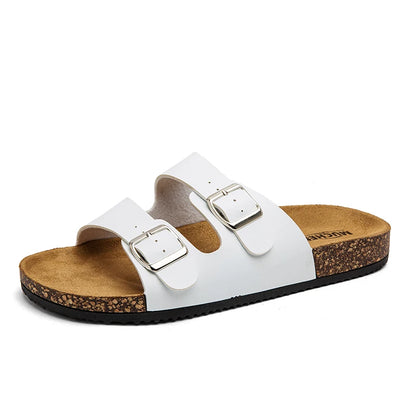Double Buckle Cork Sandals | Unisex Slide Sandals | Faux Leather & Cork Footbed | Adjustable Comfort Casual Summer Slides | Steven & Levon