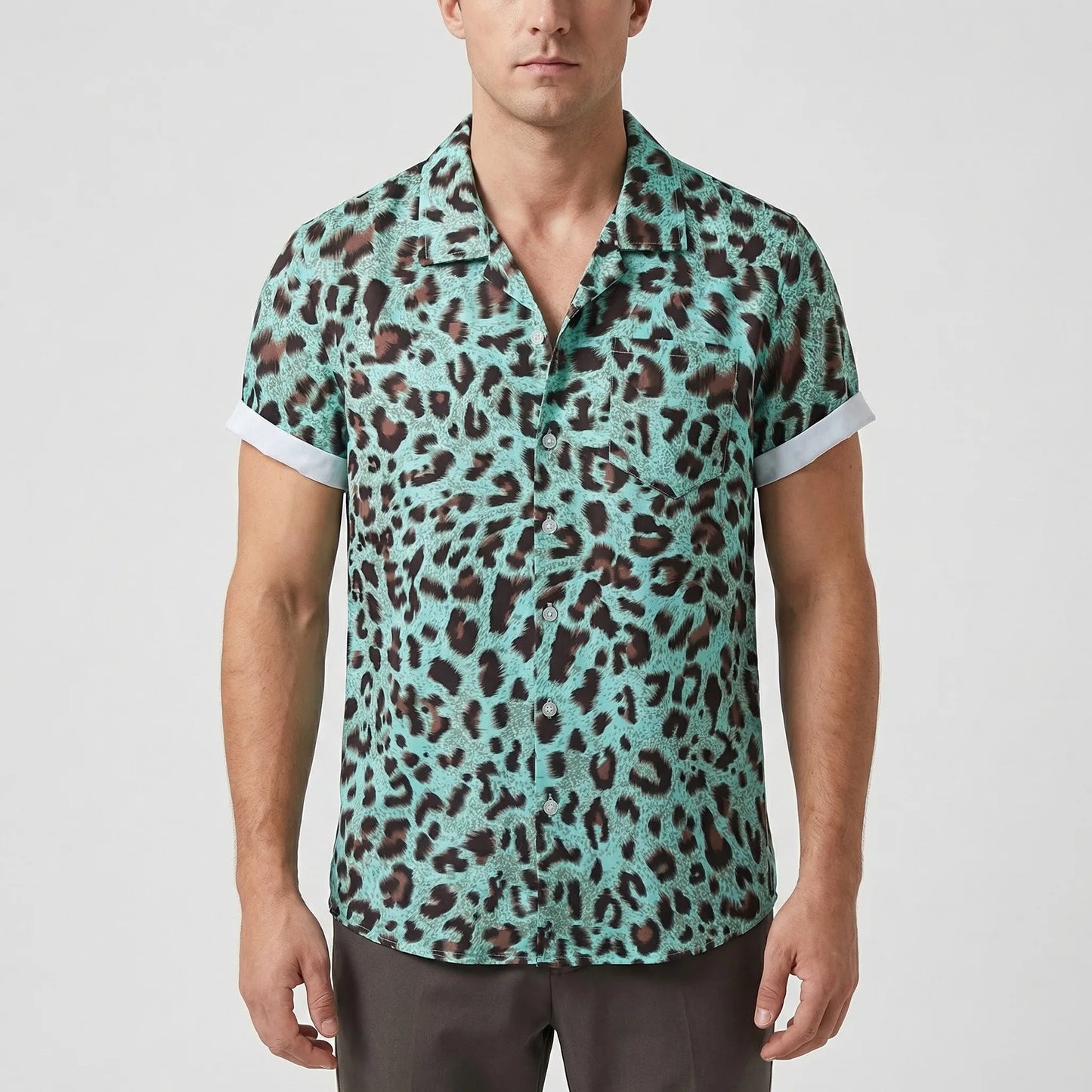 Leoprino - Short Sleeve Leopard Print Shirt  Casual Beach Outings