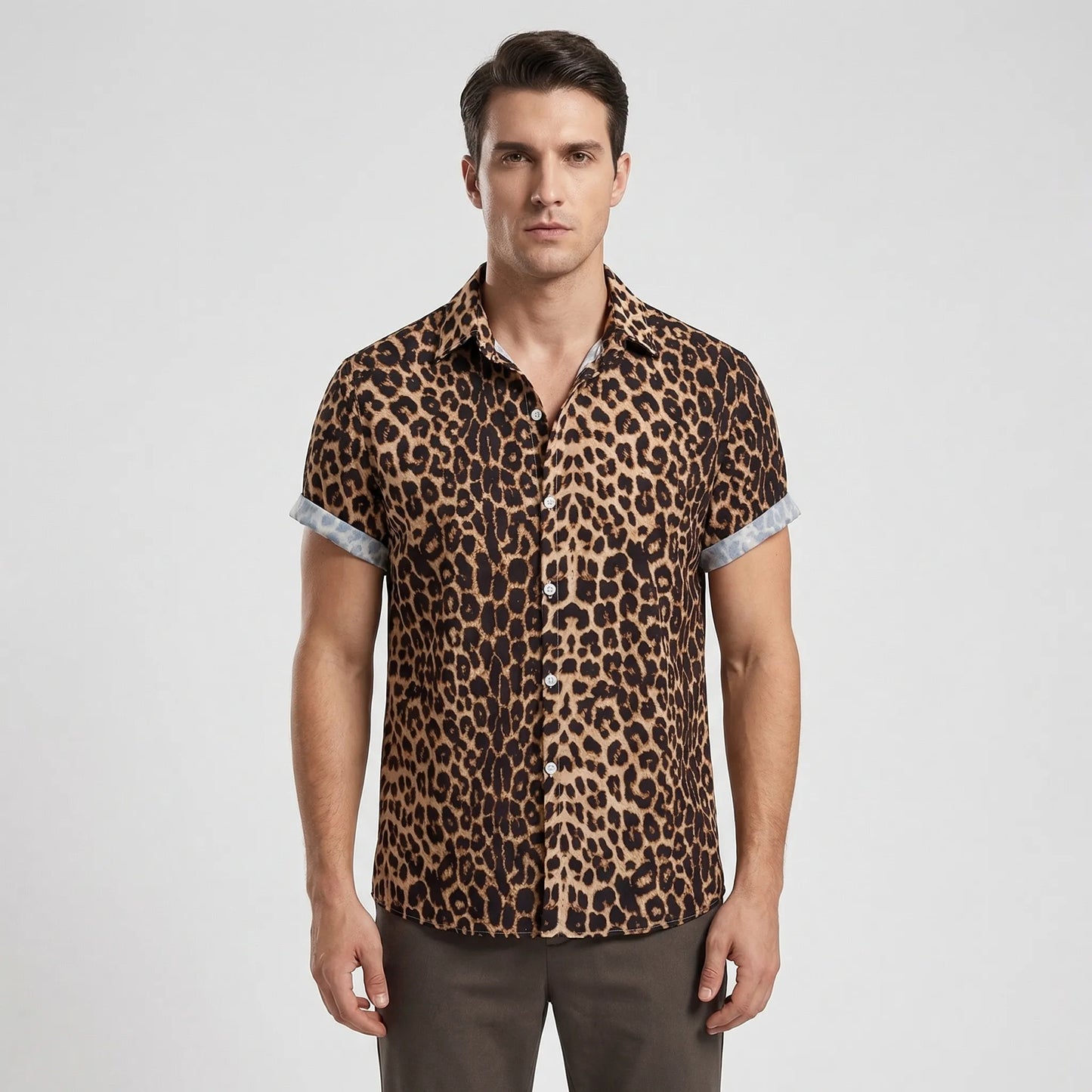 Leoprino - Short Sleeve Leopard Print Shirt  Casual Beach Outings