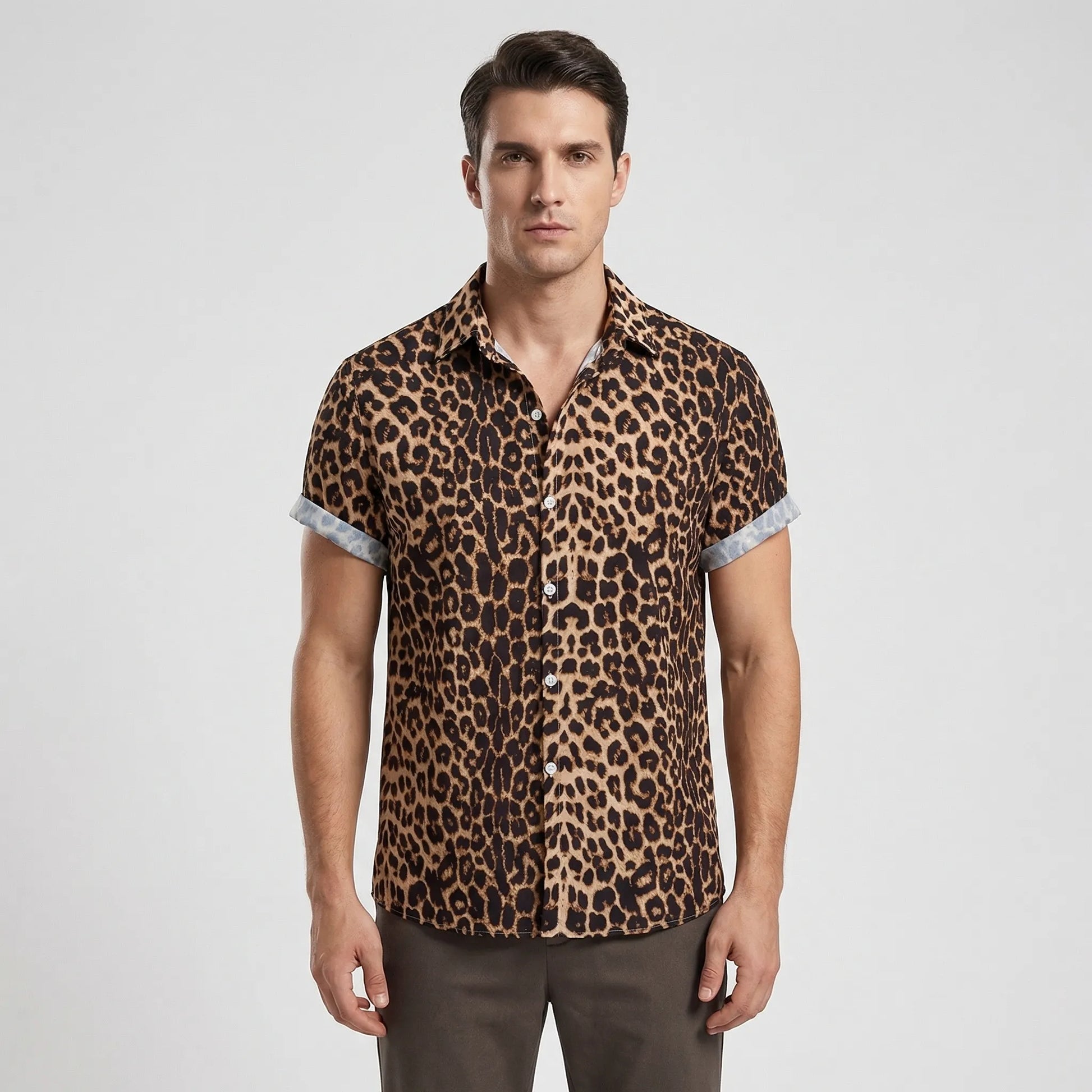 Leoprino - Short Sleeve Leopard Print Shirt  Casual Beach Outings