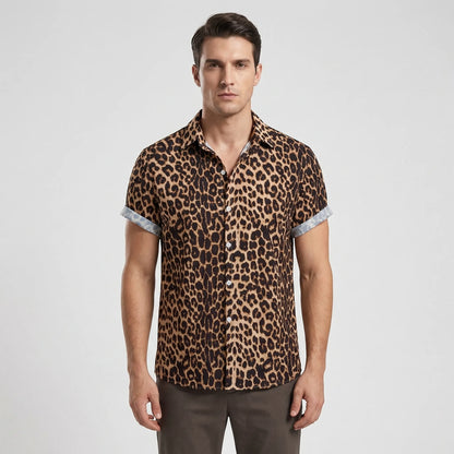 Leoprino - Short Sleeve Leopard Print Shirt  Casual Beach Outings