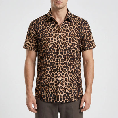 Leoprino - Short Sleeve Leopard Print Shirt  Casual Beach Outings
