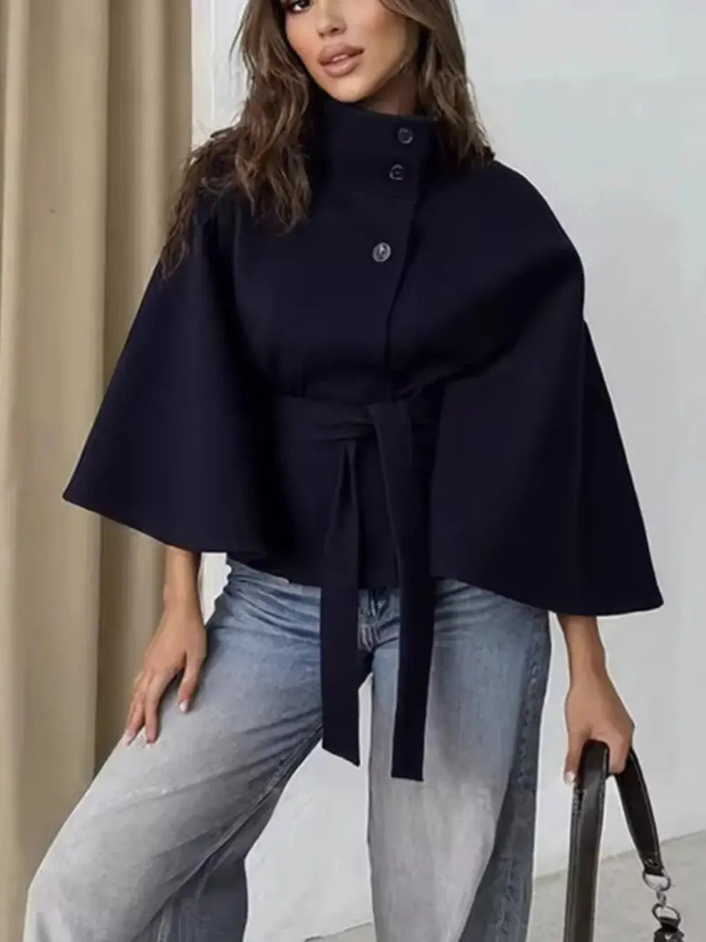 High Neck Jacket | Lace-Up Belted Cape & Faux Wool Blend | Relaxed Fit | Steven & Levon