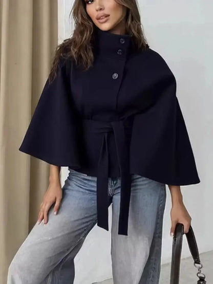 High Neck Jacket | Lace-Up Belted Cape & Faux Wool Blend | Relaxed Fit | Steven & Levon
