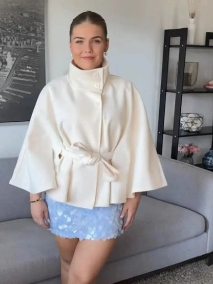 High Neck Jacket | Lace-Up Belted Cape & Faux Wool Blend | Relaxed Fit | Steven & Levon