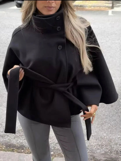 High Neck Jacket | Lace-Up Belted Cape & Faux Wool Blend | Relaxed Fit | Steven & Levon
