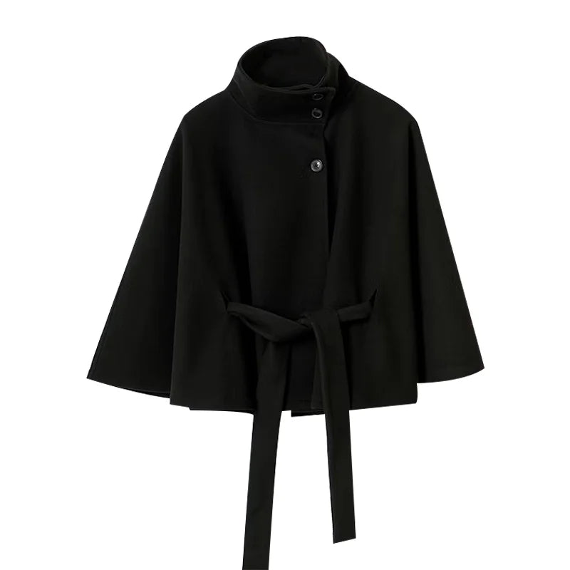 High Neck Jacket | Lace-Up Belted Cape & Faux Wool Blend | Relaxed Fit | Steven & Levon