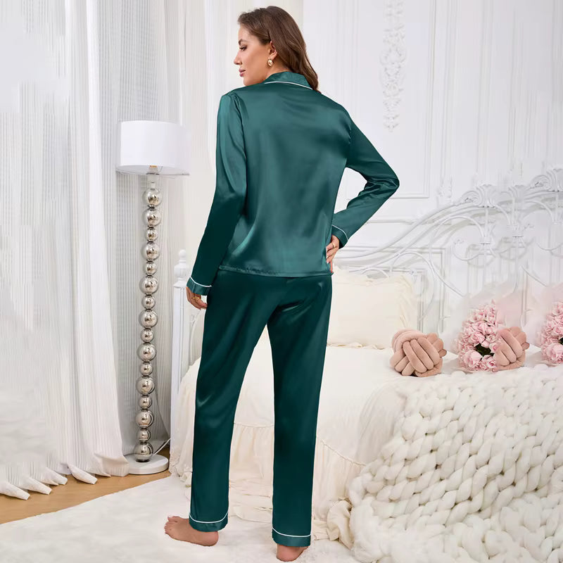 Satin Pajama Set | Women's Long Sleeve & Pants | Heart Embroidery Sleepwear | Steven & Levon