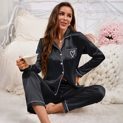 Satin Pajama Set | Women's Long Sleeve & Pants | Heart Embroidery Sleepwear | Steven & Levon