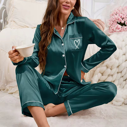 Satin Pajama Set | Women's Long Sleeve & Pants | Heart Embroidery Sleepwear | Steven & Levon