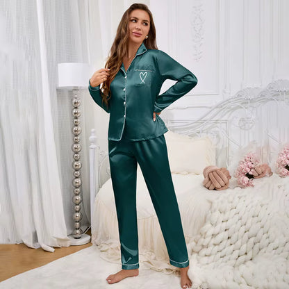 Satin Pajama Set | Women's Long Sleeve & Pants | Heart Embroidery Sleepwear | Steven & Levon