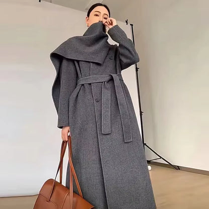 Women's Cashmere Wool Coat | Mid-Length | Scarf Collar | Double Sided | Loose Fit | Winter Outerwear | Steven & Levon