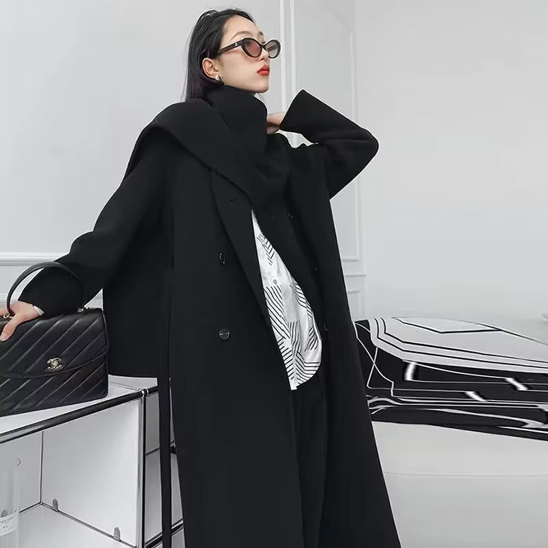 Women's Cashmere Wool Coat | Mid-Length | Scarf Collar | Double Sided | Loose Fit | Winter Outerwear | Steven & Levon