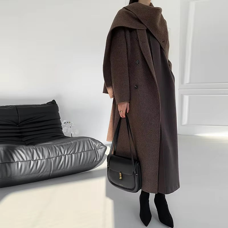 Women's Cashmere Wool Coat | Mid-Length | Scarf Collar | Double Sided | Loose Fit | Winter Outerwear | Steven & Levon