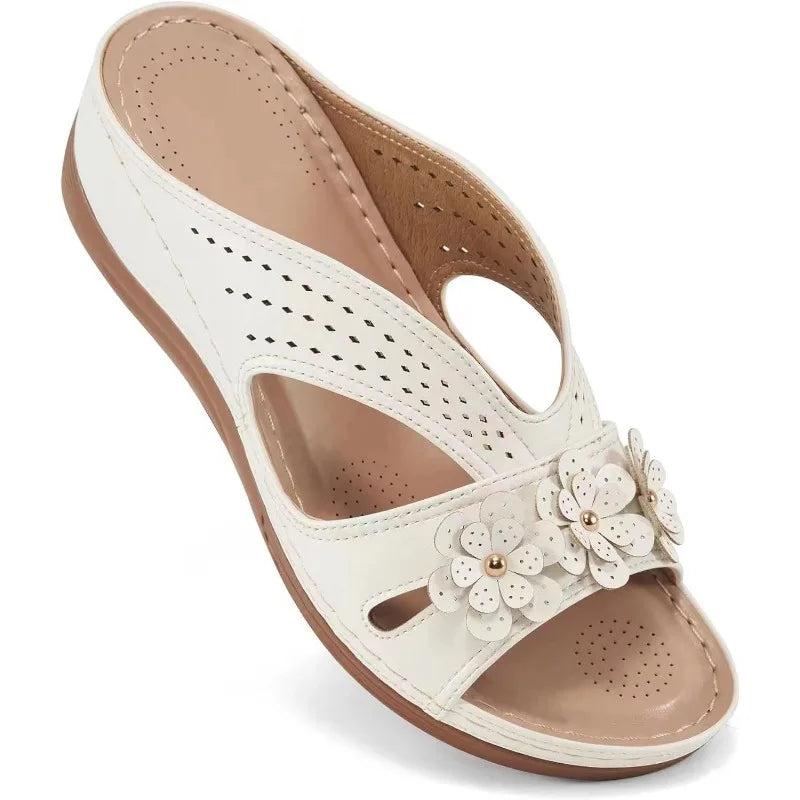Comfort Wedge Sandals | Women's Slip-On | Lightweight Faux Leather | Floral Cut-Out Shoes | Steven & Levon