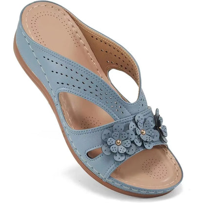 Comfort Wedge Sandals | Women's Slip-On | Lightweight Faux Leather | Floral Cut-Out Shoes | Steven & Levon