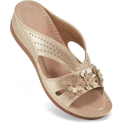 Comfort Wedge Sandals | Women's Slip-On | Lightweight Faux Leather | Floral Cut-Out Shoes | Steven & Levon