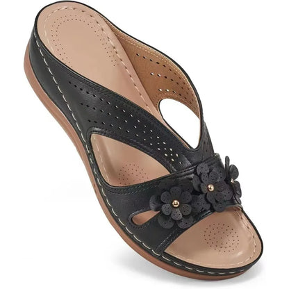 Comfort Wedge Sandals | Women's Slip-On | Lightweight Faux Leather | Floral Cut-Out Shoes | Steven & Levon