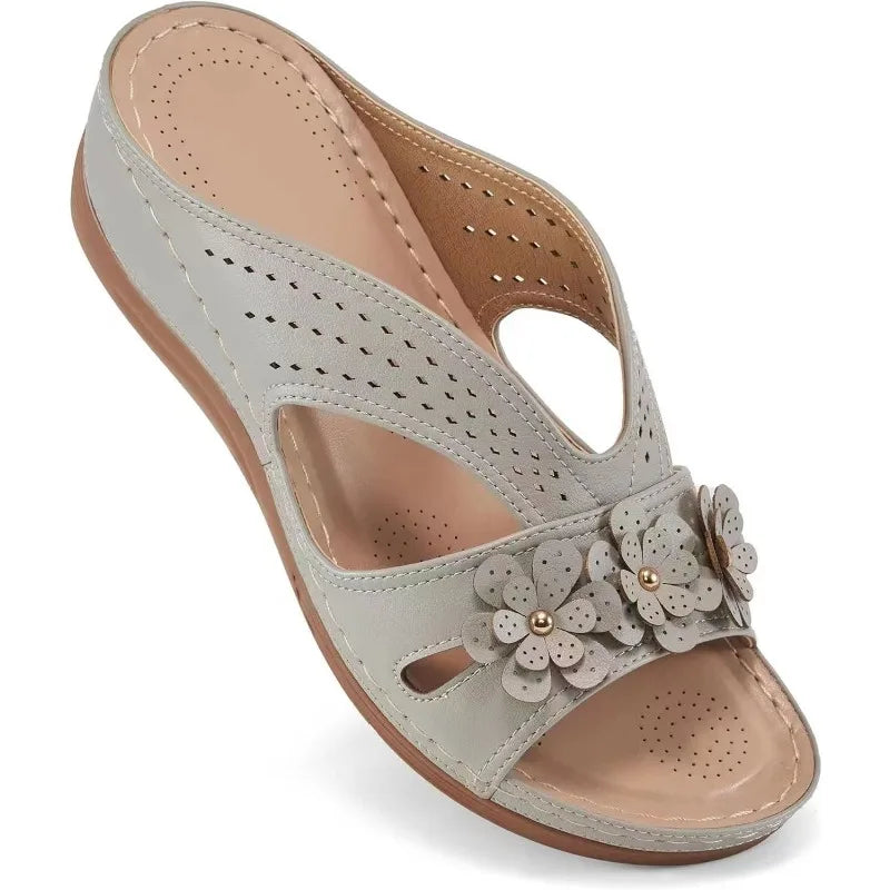 Comfort Wedge Sandals | Women's Slip-On | Lightweight Faux Leather | Floral Cut-Out Shoes | Steven & Levon
