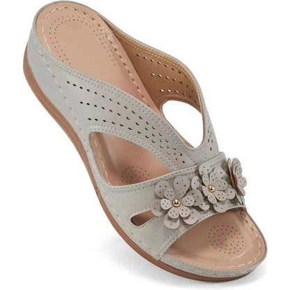 Comfort Wedge Sandals | Women's Slip-On | Lightweight Faux Leather | Floral Cut-Out Shoes | Steven & Levon