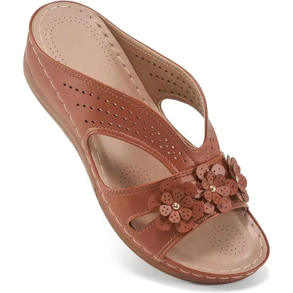 Comfort Wedge Sandals | Women's Slip-On | Lightweight Faux Leather | Floral Cut-Out Shoes | Steven & Levon