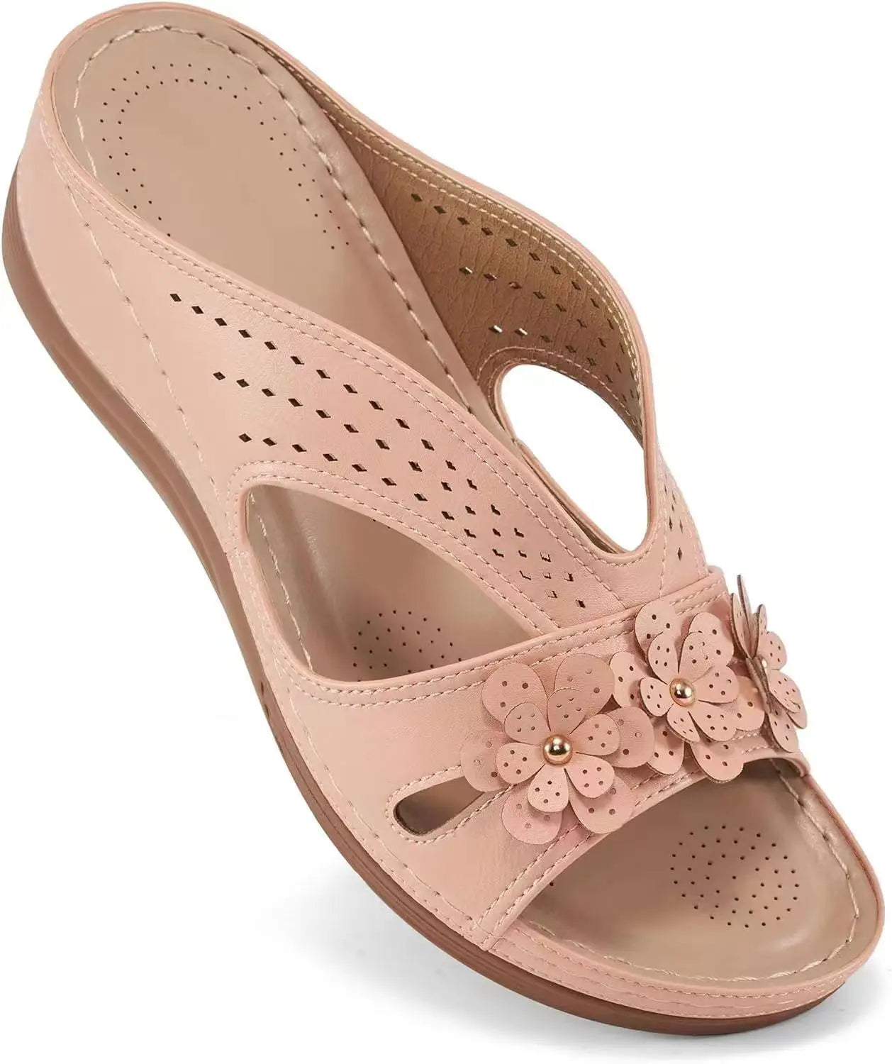 Comfort Wedge Sandals | Women's Slip-On | Lightweight Faux Leather | Floral Cut-Out Shoes | Steven & Levon