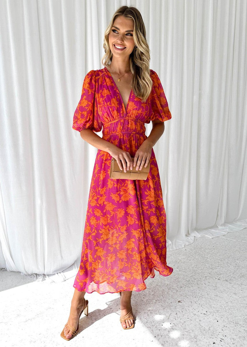 Women's Midi Dress | Floral Puff Sleeve Dress | Elegant Summer Style | Steven & Levon