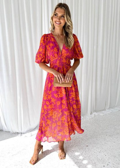 Women's Midi Dress | Floral Puff Sleeve Dress | Elegant Summer Style | Steven & Levon