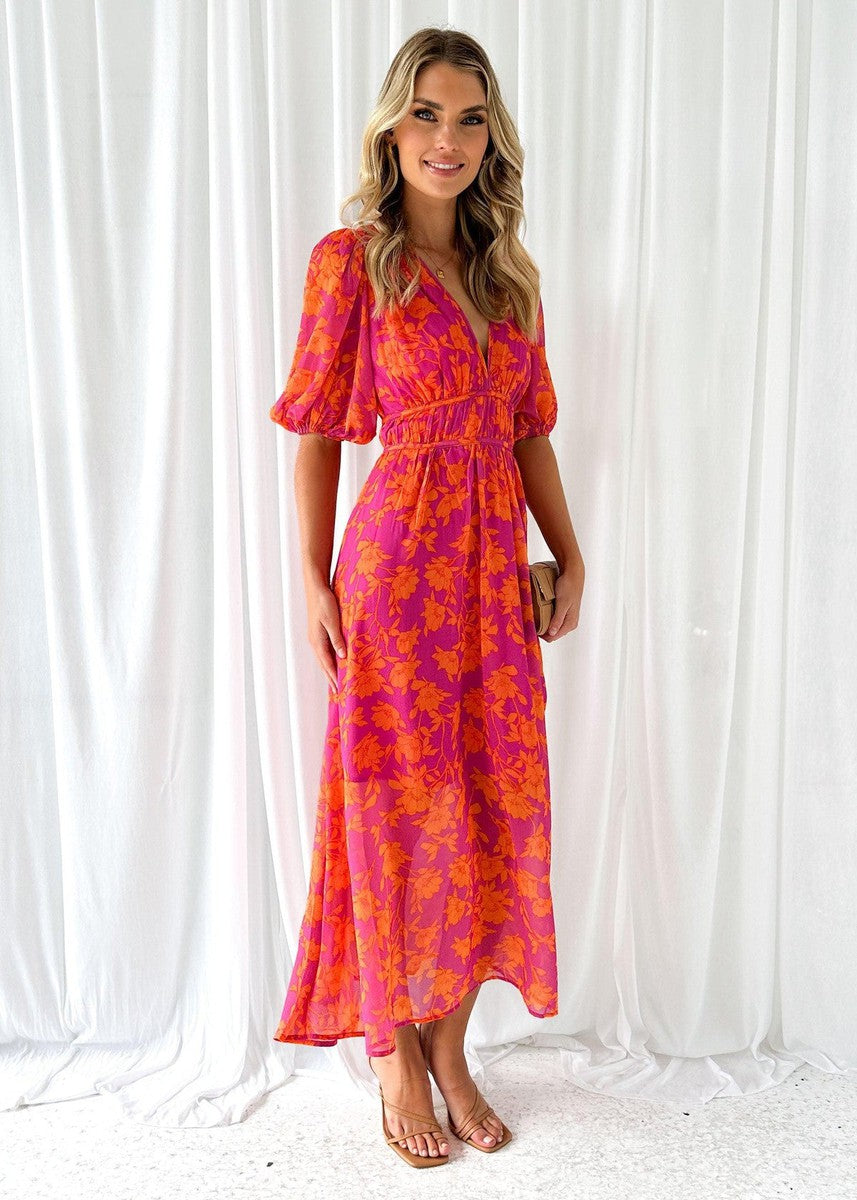Women's Midi Dress | Floral Puff Sleeve Dress | Elegant Summer Style | Steven & Levon