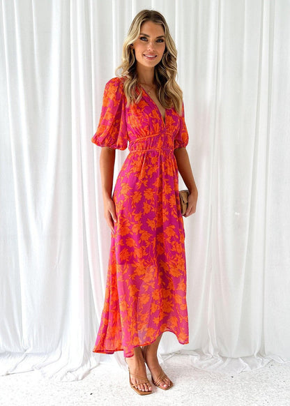 Women's Midi Dress | Floral Puff Sleeve Dress | Elegant Summer Style | Steven & Levon