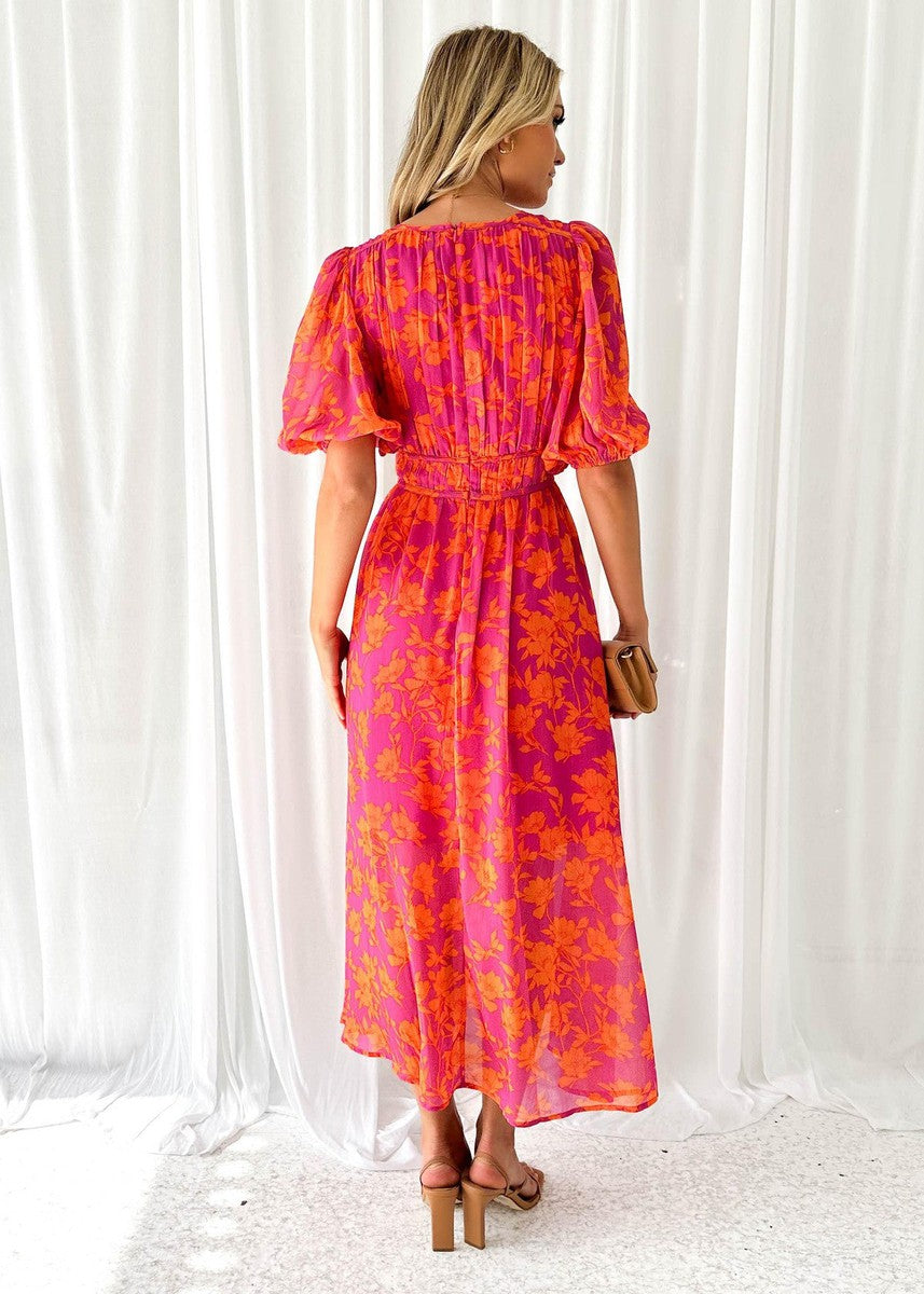 Women's Midi Dress | Floral Puff Sleeve Dress | Elegant Summer Style | Steven & Levon