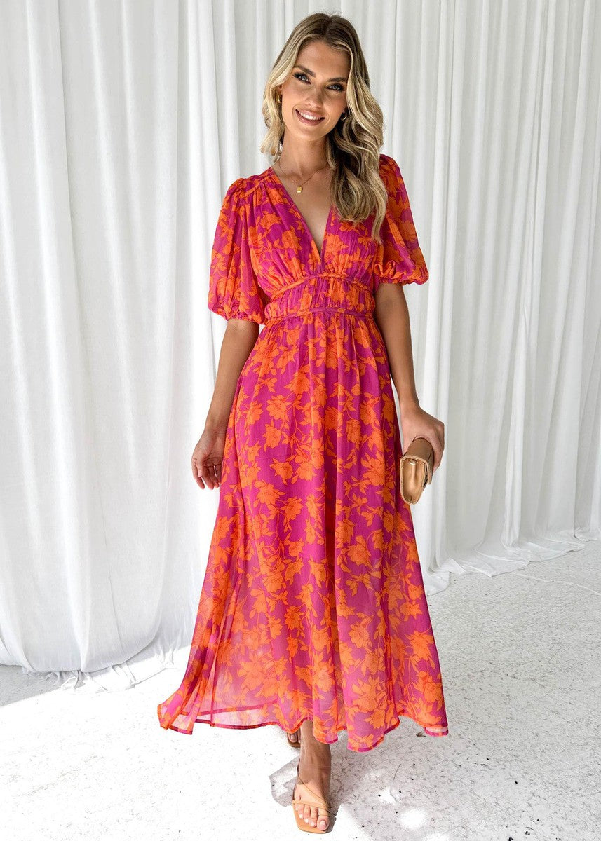Women's Midi Dress | Floral Puff Sleeve Dress | Elegant Summer Style | Steven & Levon