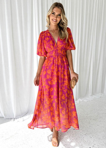 Women's Midi Dress | Floral Puff Sleeve Dress | Elegant Summer Style | Steven & Levon