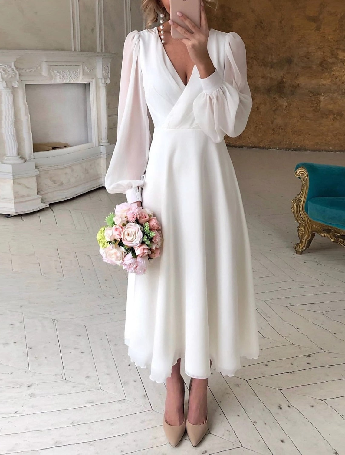 Long Sleeve Flowing Bridal Dress | Women | Elegant Wedding Gown | Classic Silhouette | Steven & Levon