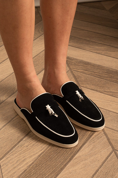 Suede Loafers | Women | Metal Charm Detail | Contrast Sole | Black & White | Steven & Levon