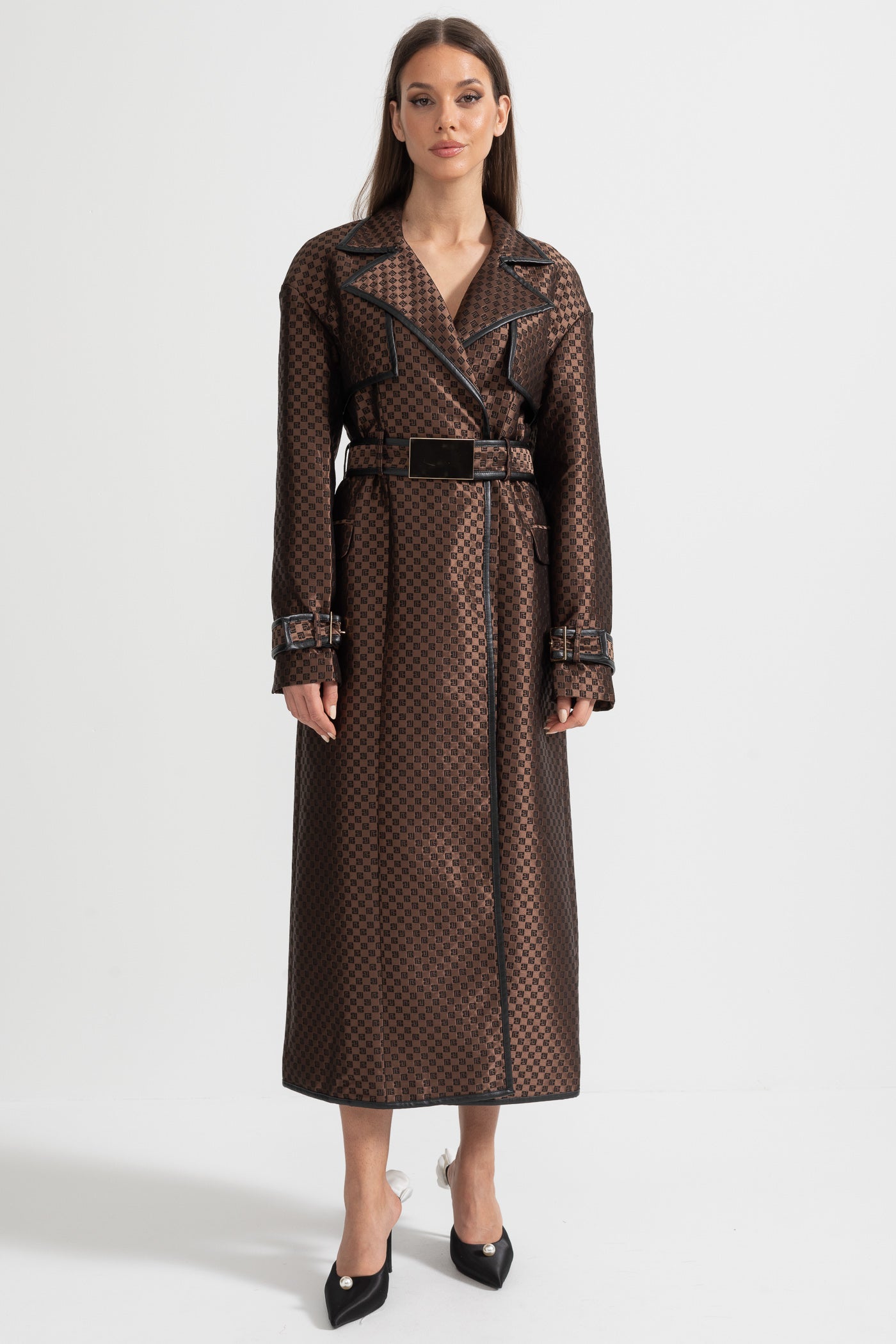 Women's Jacquard Trench Coat | Brown | Wide Lapel | Gold Buckle Belt | Steven & Levon