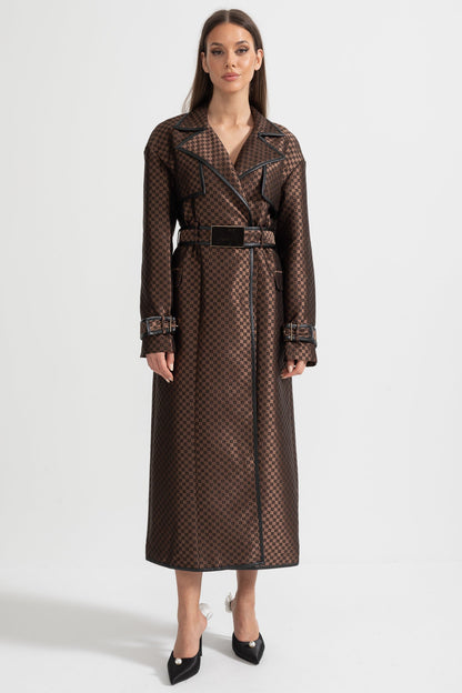 Women's Jacquard Trench Coat | Brown | Wide Lapel | Gold Buckle Belt | Steven & Levon