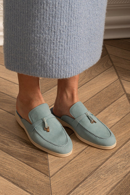 Suede Loafers | Women | Metal Charm | Baby Blue | Contrast Sole | Steven & Levon