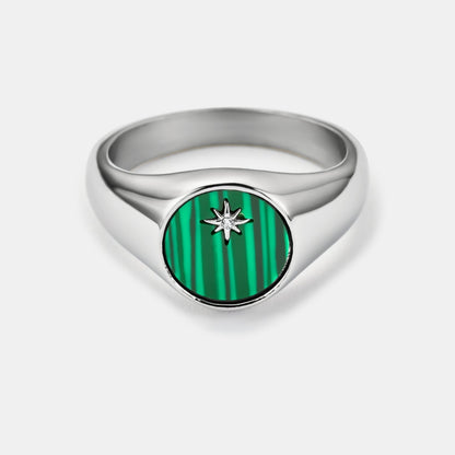 Malachite North Star Signet Ring | Silver | Men | Stainless Steel | Green Malachite | Star Detail | Steven & Levon