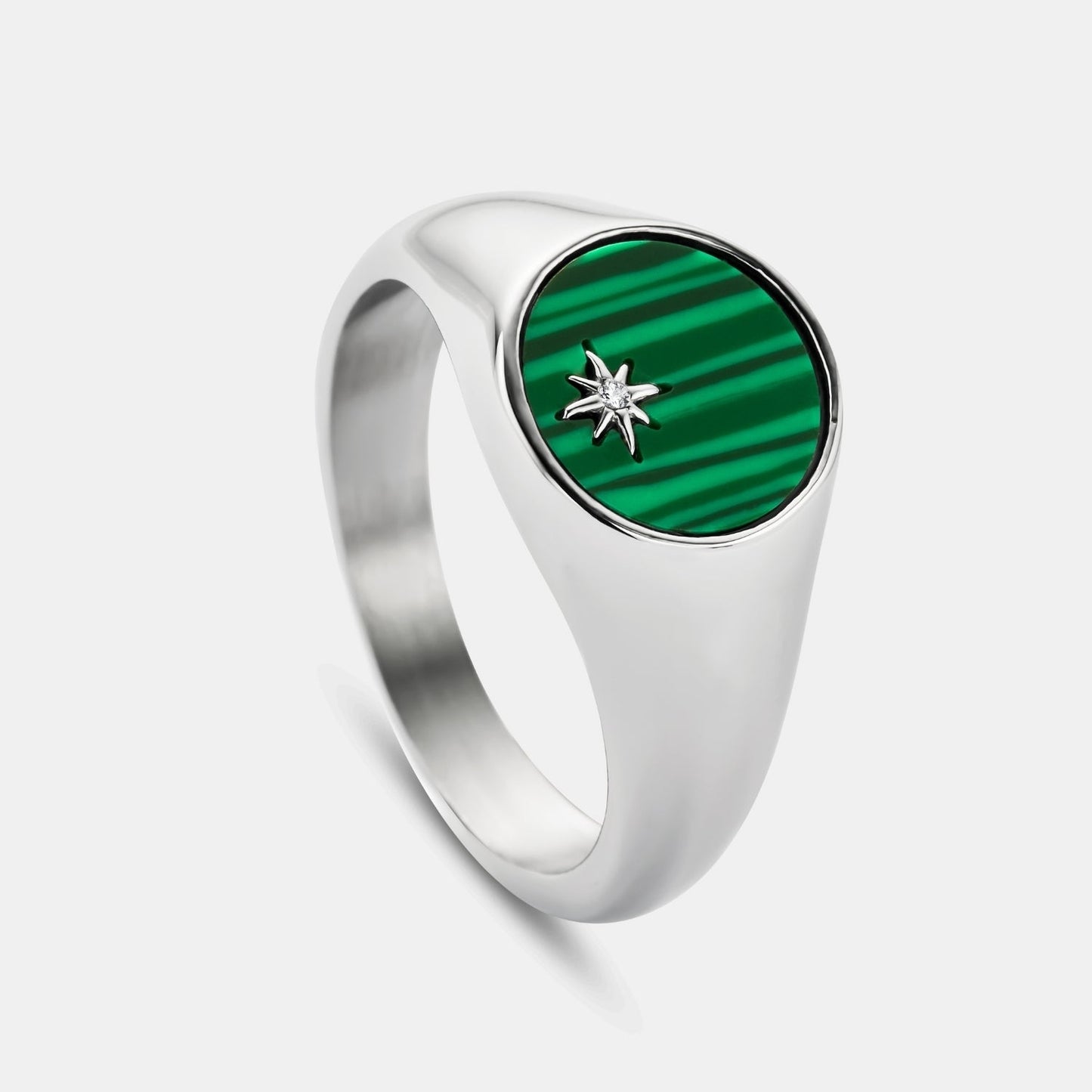 Malachite North Star Signet Ring | Silver | Men | Stainless Steel | Green Malachite | Star Detail | Steven & Levon