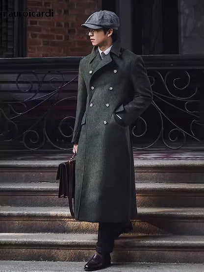 Green Wool Blend Double Breasted Coat | Men Peacoat | Warm England Style Winter | Steven & Levon