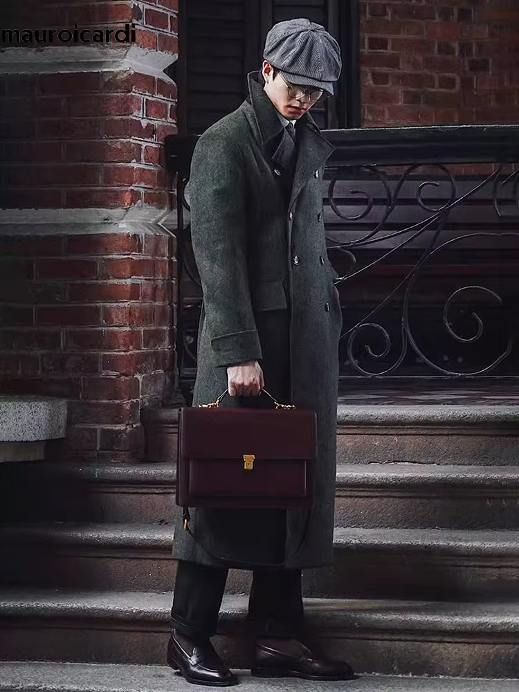 Green Wool Blend Double Breasted Coat | Men Peacoat | Warm England Style Winter | Steven & Levon