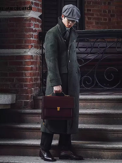 Green Wool Blend Double Breasted Coat | Men Peacoat | Warm England Style Winter | Steven & Levon