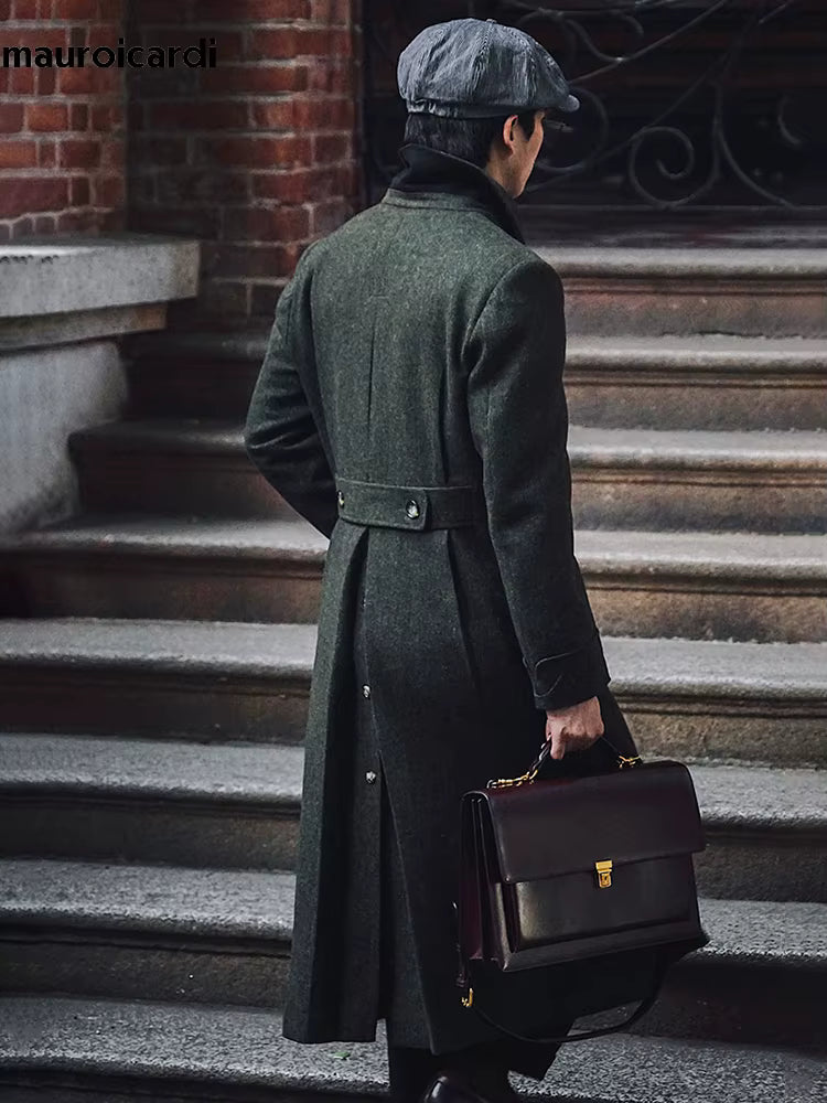 Green Wool Blend Double Breasted Coat | Men Peacoat | Warm England Style Winter | Steven & Levon
