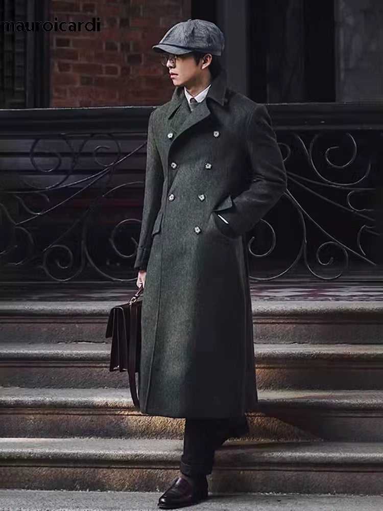 Green Wool Blend Double Breasted Coat | Men Peacoat | Warm England Style Winter | Steven & Levon