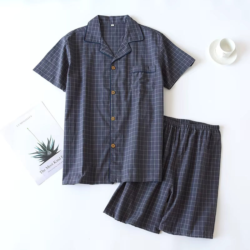 Checkered Sleepwear | Men's Pajama | Cotton | Cardigan & Shorts | Relaxed Fit | Steven & Levon