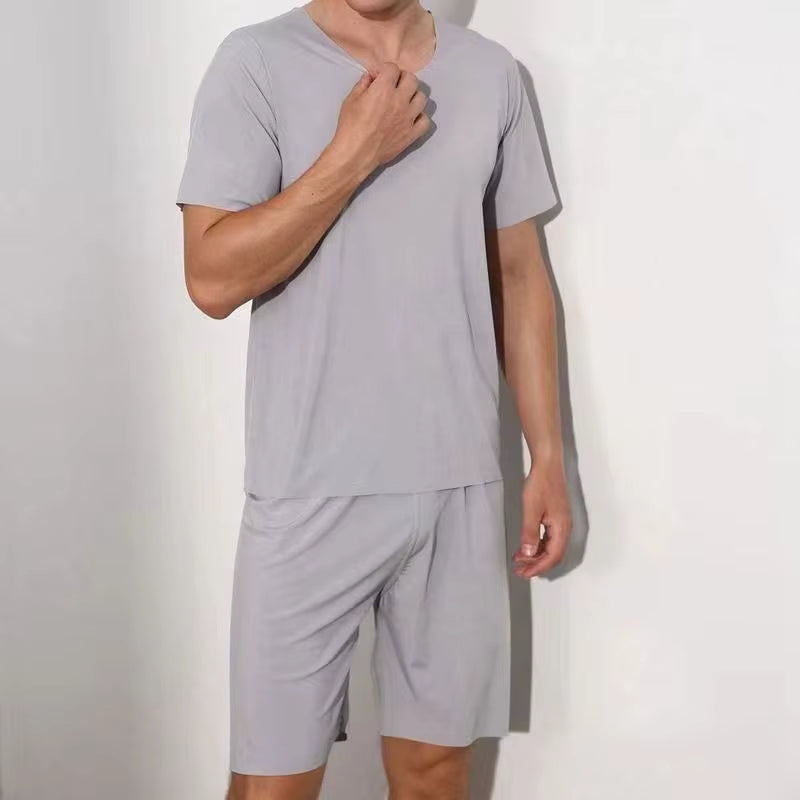 Summer Two-Piece Set | Men's Pajama | Ice Silk | T-Shirt & Shorts | Casual | Steven & Levon
