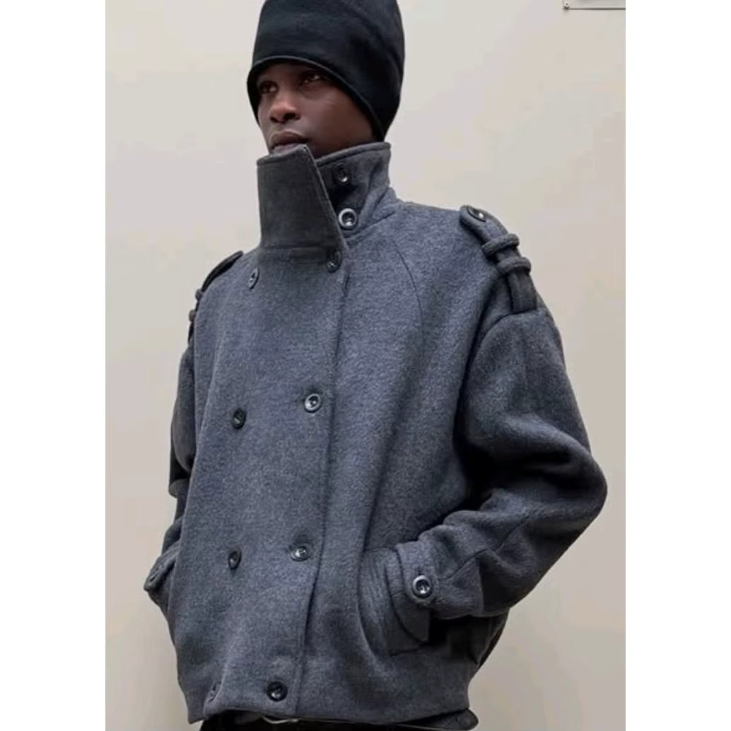 Wool Blend Short Coat | Men Peacoat | Oversize Double Breasted Stand Collar Winter | Steven & Levon