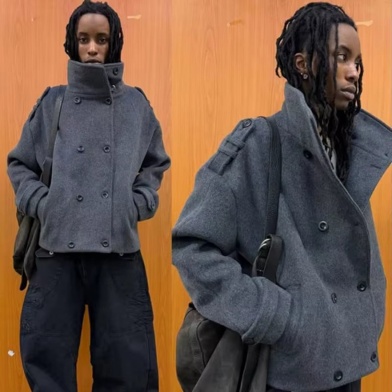 Wool Blend Short Coat | Men Peacoat | Oversize Double Breasted Stand Collar Winter | Steven & Levon