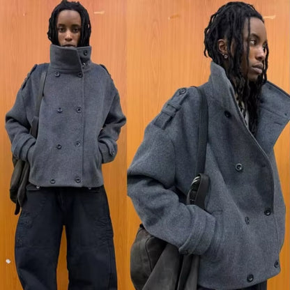 Wool Blend Short Coat | Men Peacoat | Oversize Double Breasted Stand Collar Winter | Steven & Levon